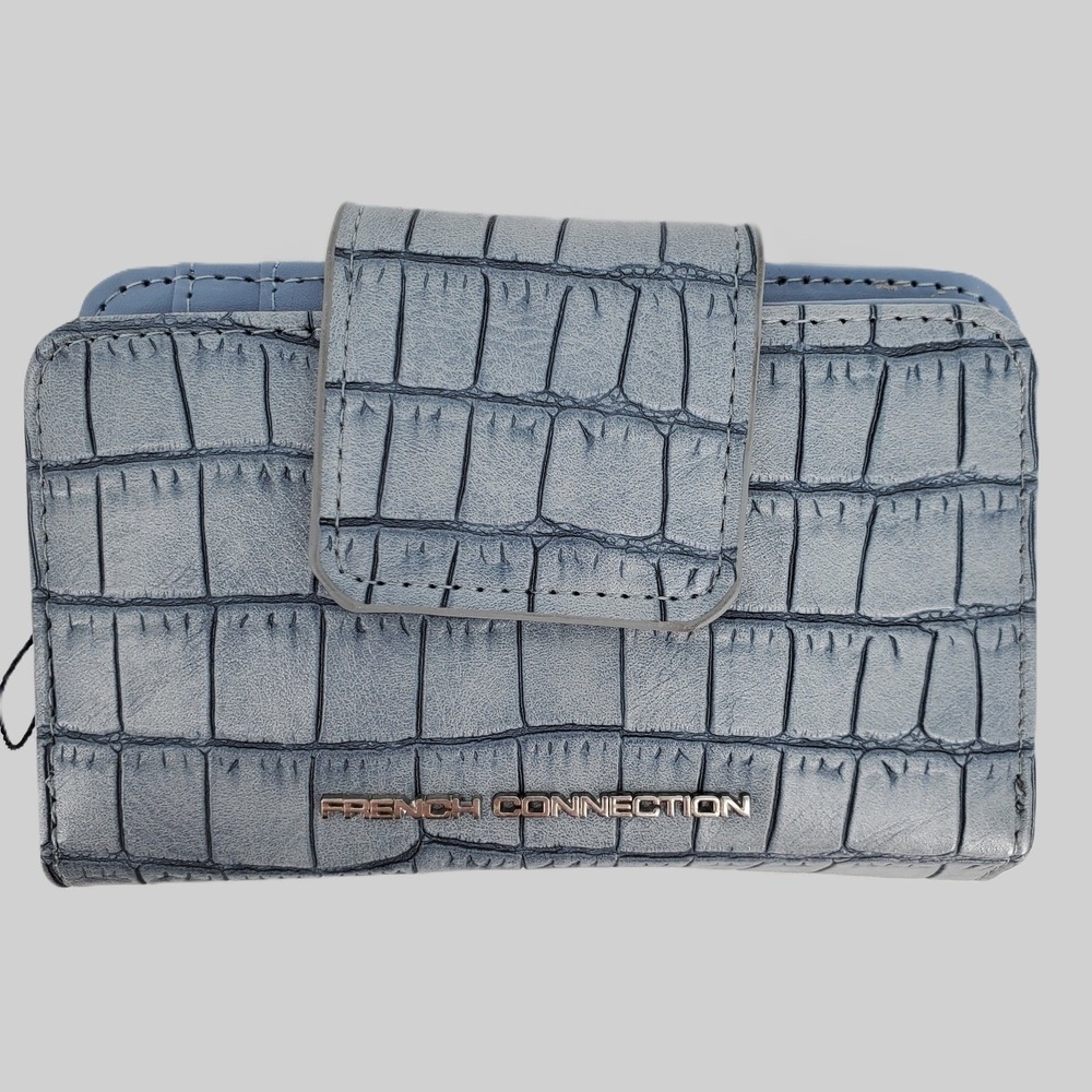 French Connection Emmy Croco Bifold Zipper Wallet Denim Blue Snap Closure Coin